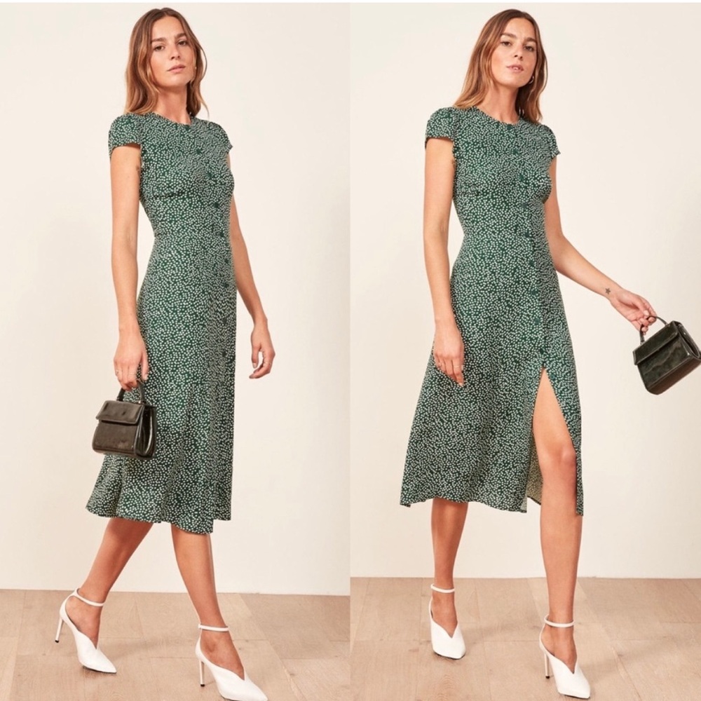 REFORMATION Green White Ditsy Floral Wyoming Button Front Fauna Midi Dress 2